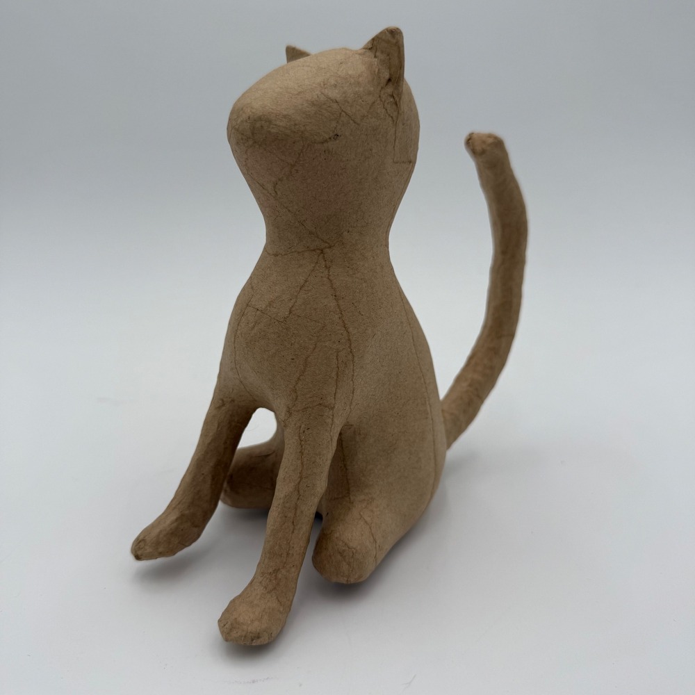 Creepy Paper Mache Cat Figurine Minimalist Faceless Tan Sculpture 6.5 Inch